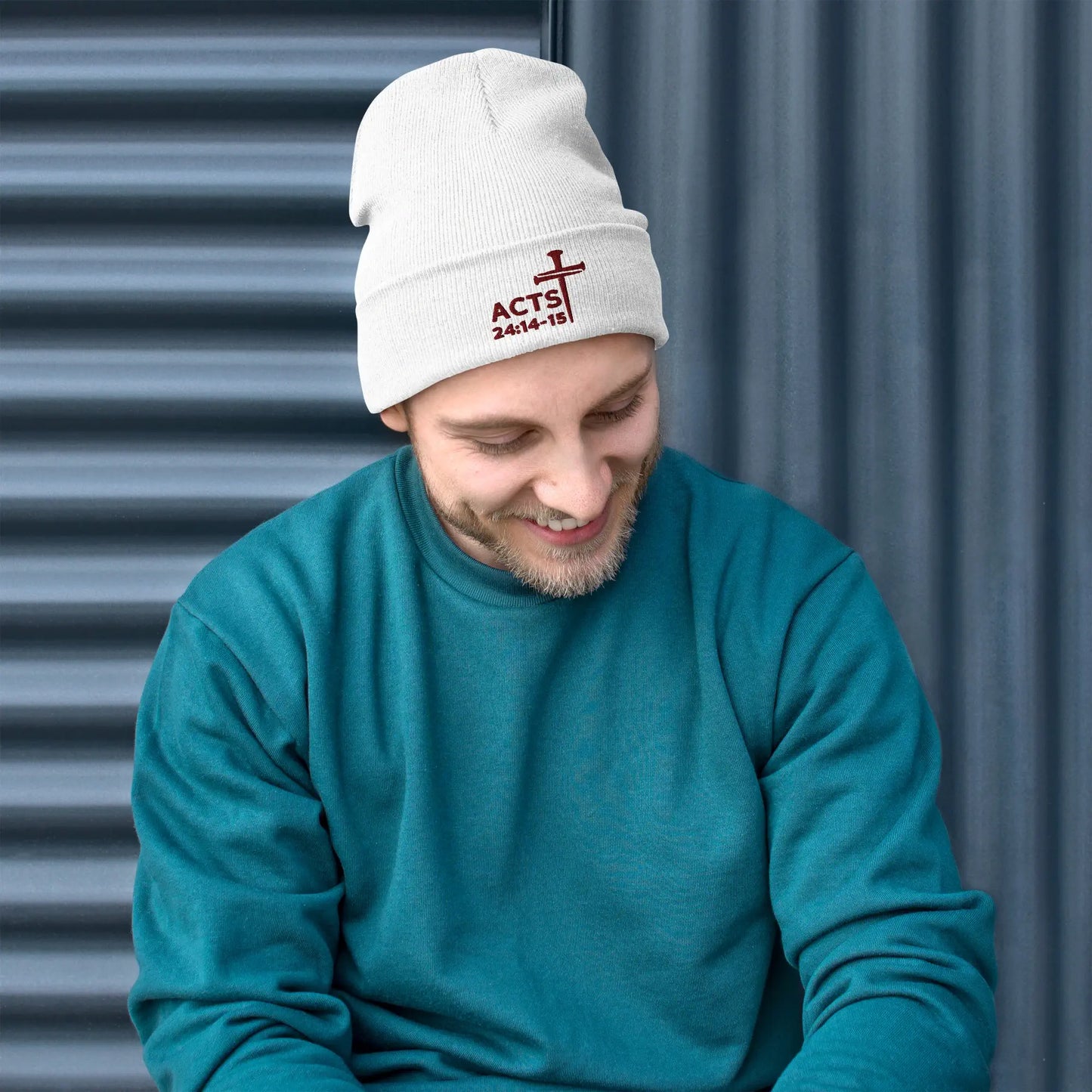 Nails Cross Acts 24:14-15 Embroidered Beanie (Maroon Threading)