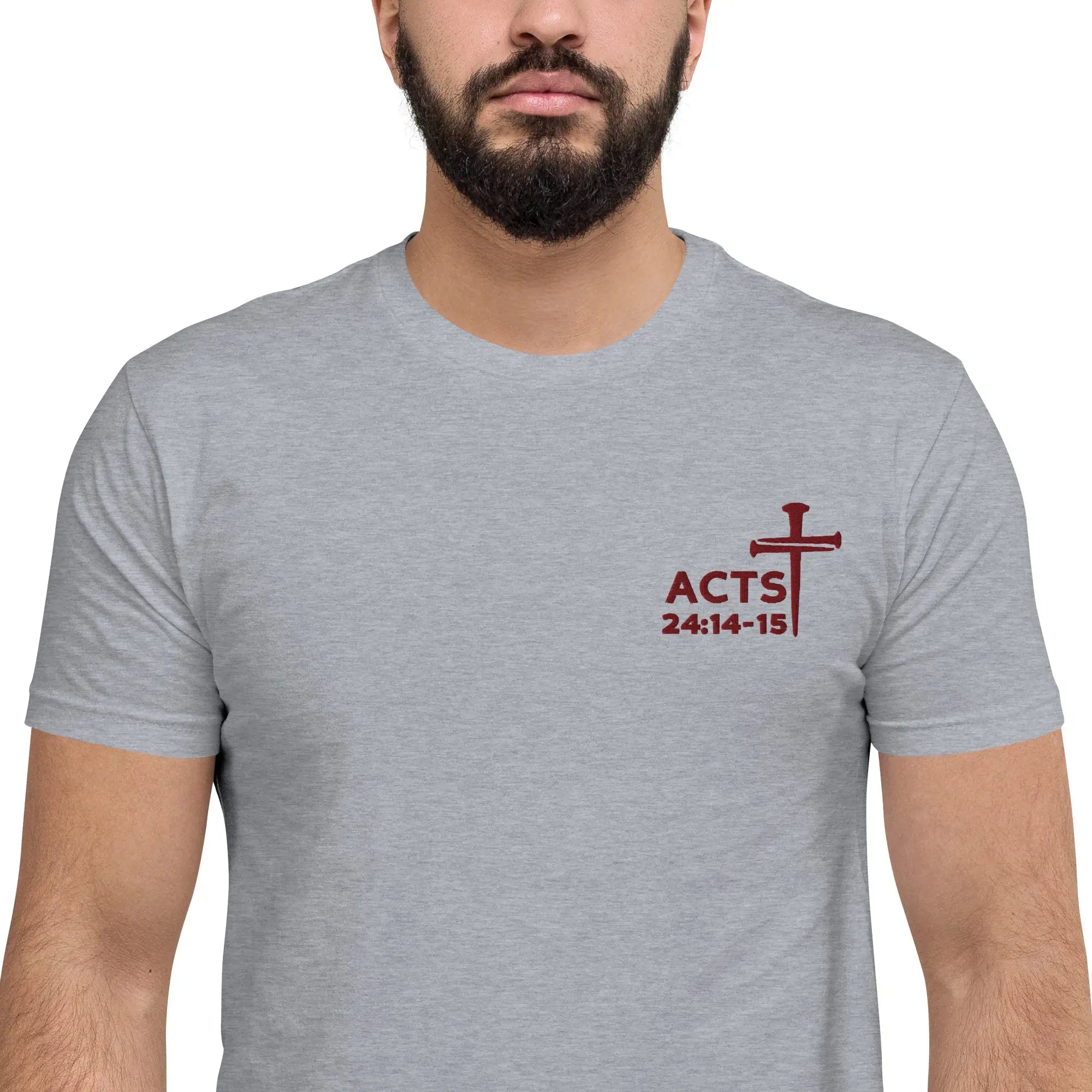 Nails Cross Acts 24:14-15 Men's Fitted T-Shirt (Maroon Threading)