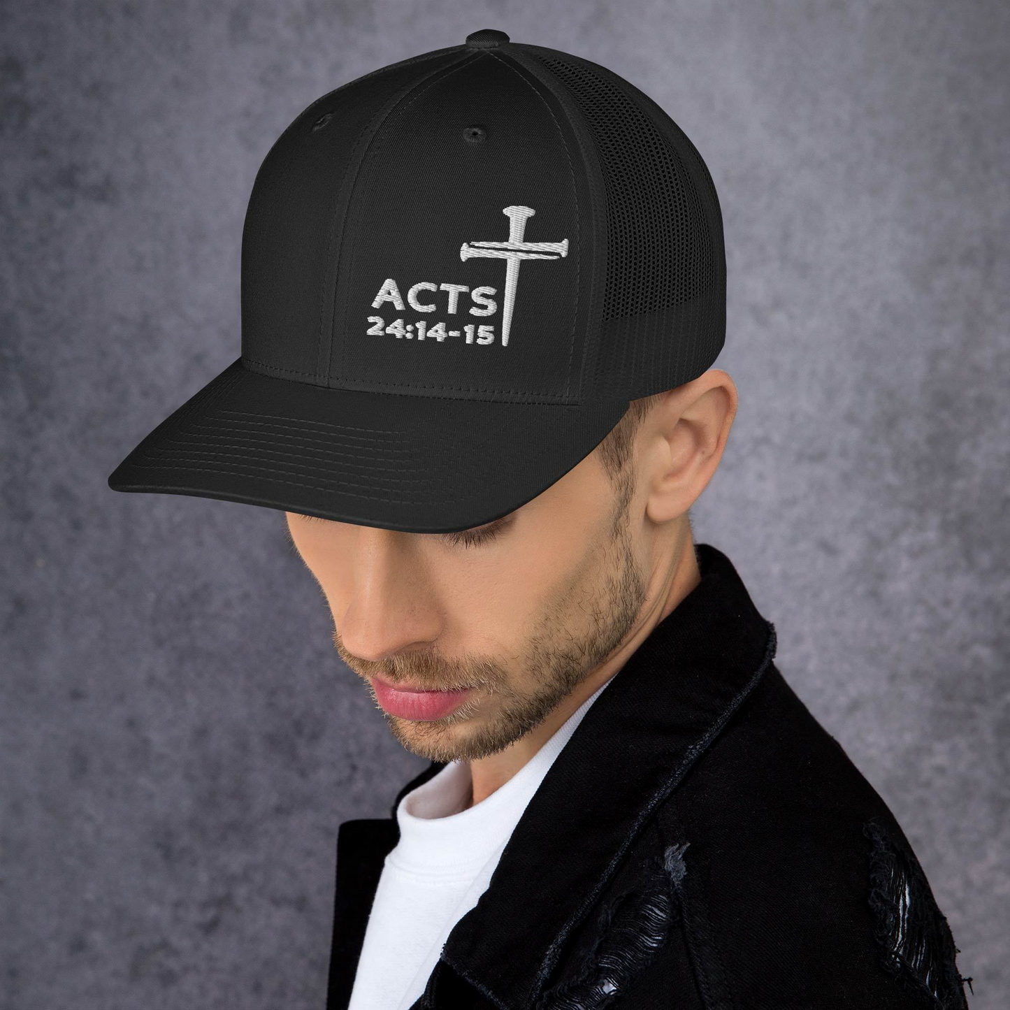 Acts 24:14-15 Nails Cross Trucker Cap (White Threading)