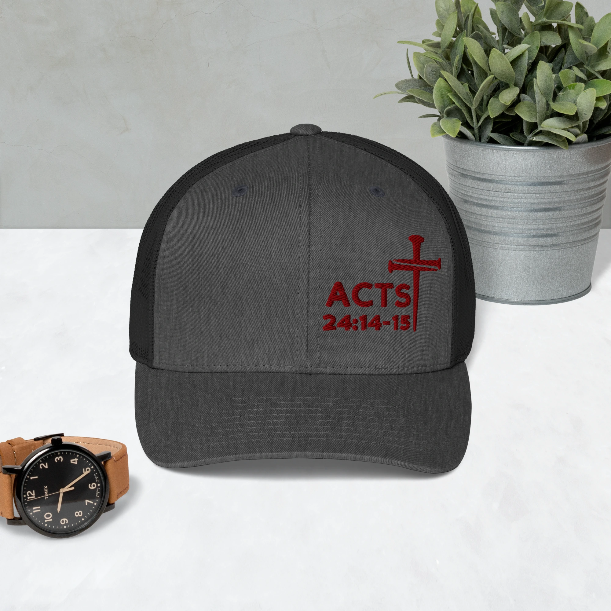 Acts 24:14-15 Nails Cross Trucker Cap (Maroon Threading)