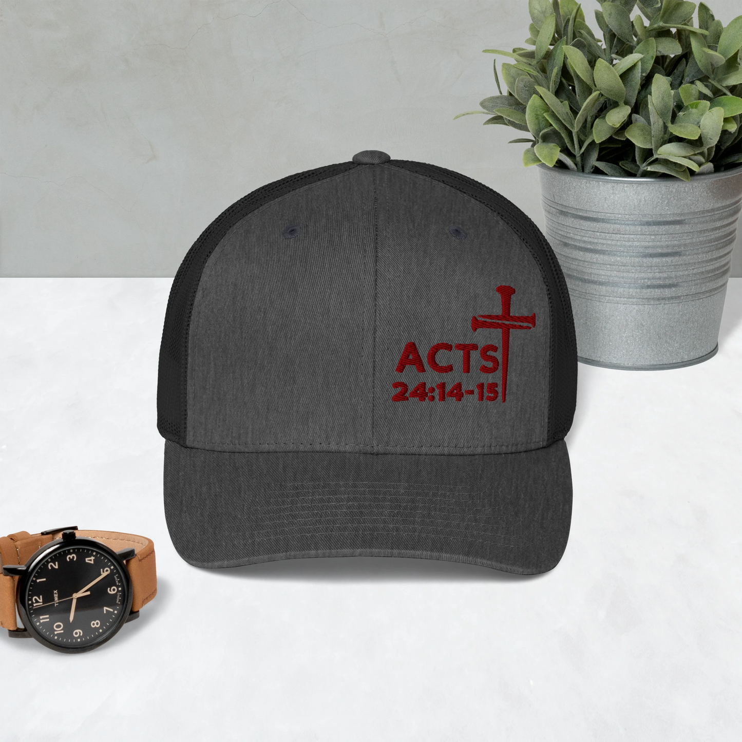 Acts 24:14-15 Nails Cross Trucker Cap (Maroon Threading)