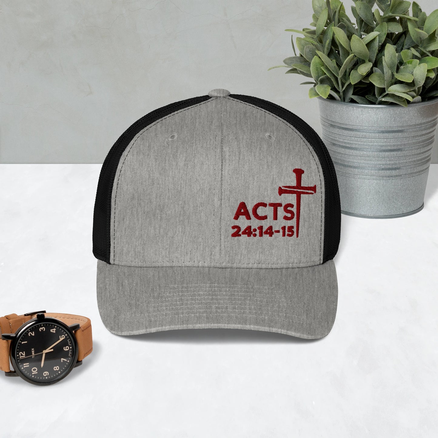 Acts 24:14-15 Nails Cross Trucker Cap (Maroon Threading)