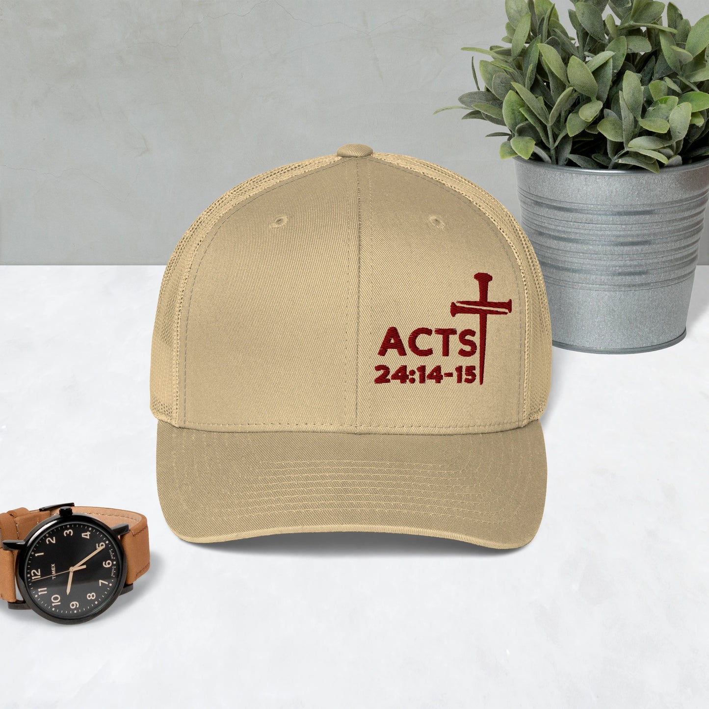 Acts 24:14-15 Nails Cross Trucker Cap (Maroon Threading)