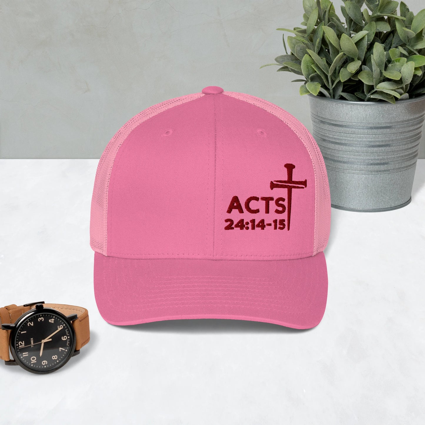 Acts 24:14-15 Nails Cross Trucker Cap (Maroon Threading)