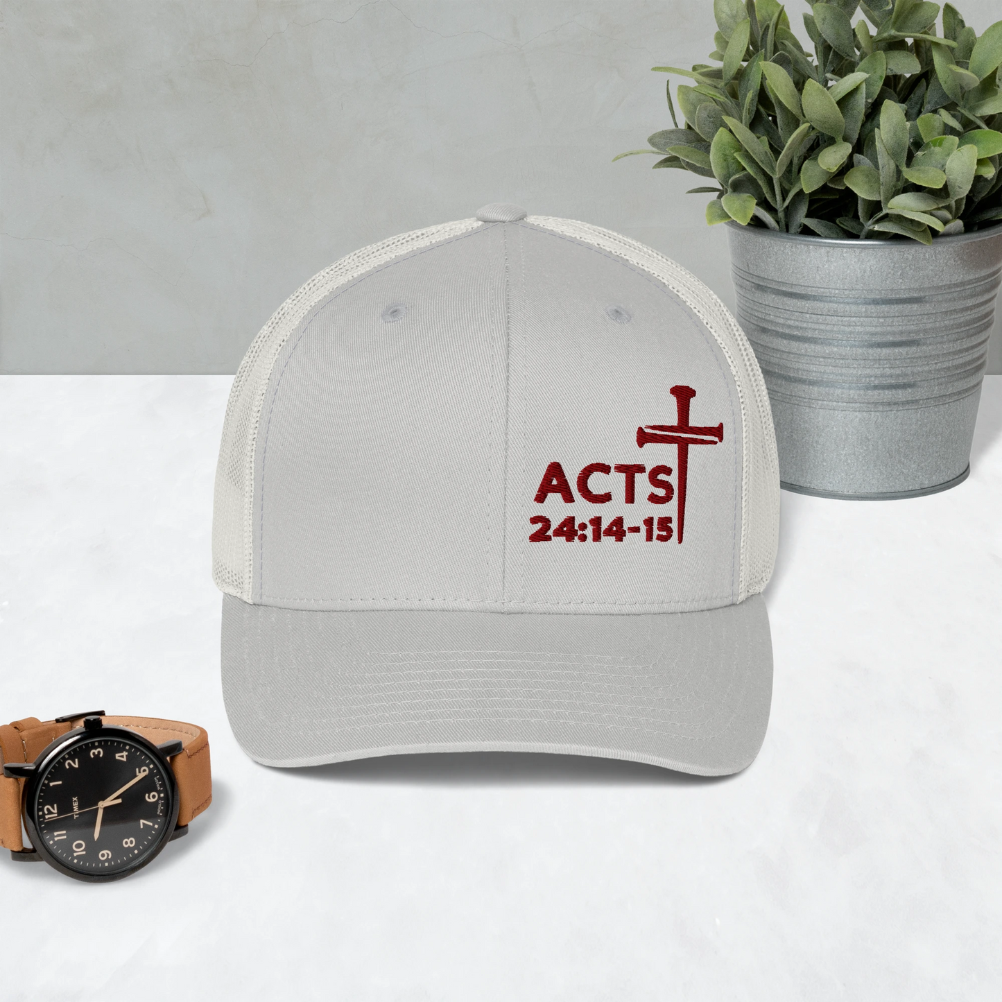 Acts 24:14-15 Nails Cross Trucker Cap (Maroon Threading)