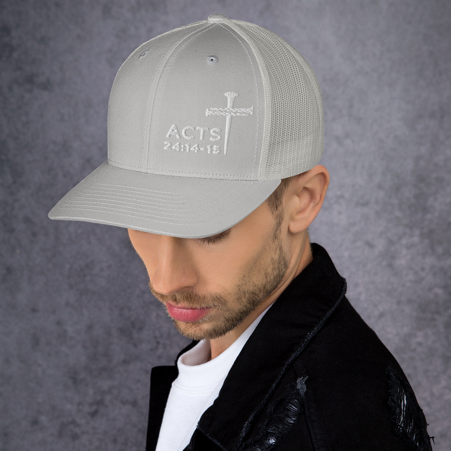 Acts 24:14-15 Nails Cross Trucker Cap (White Threading)