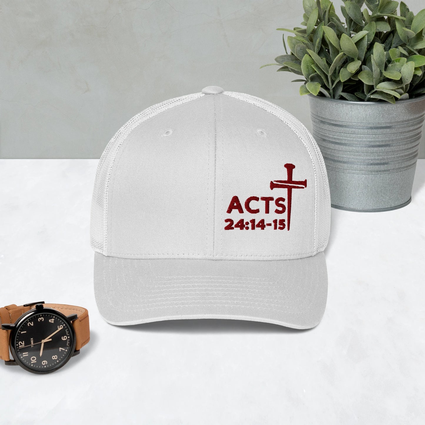 Acts 24:14-15 Nails Cross Trucker Cap (Maroon Threading)